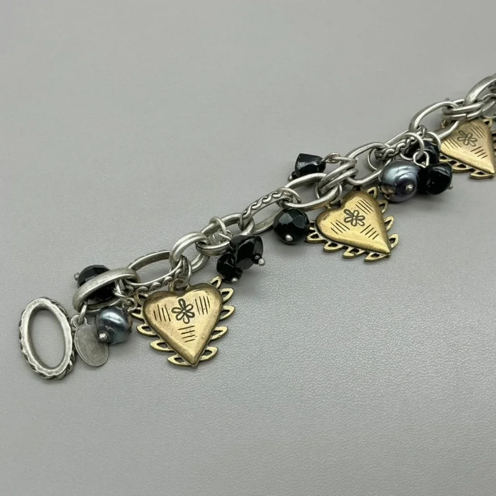 Chicos Bracelet Womens Silver Tone Gold Tone Heart Charm Black Bead 8 Inch